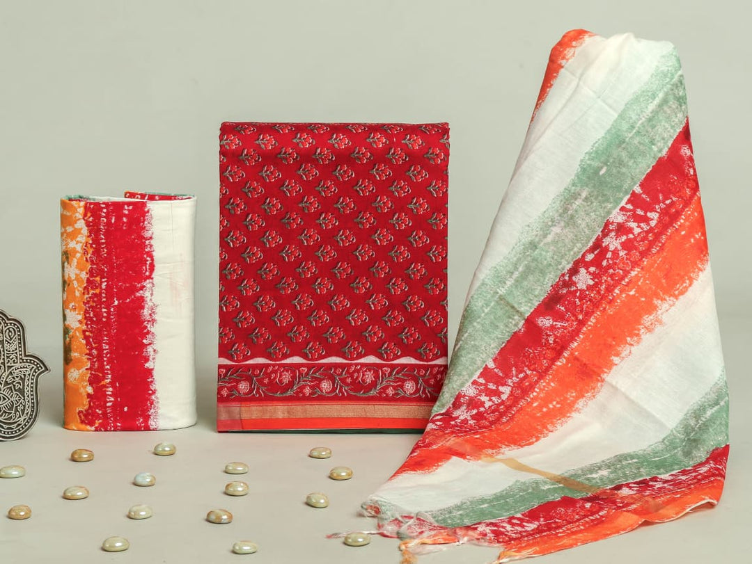 Pure Hand Block Chanderi Silk Unstitchd Suit .