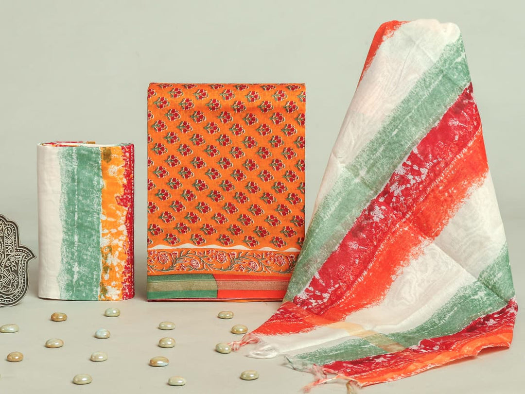 Pure Hand Block Chanderi Silk Unstitchd Suit .