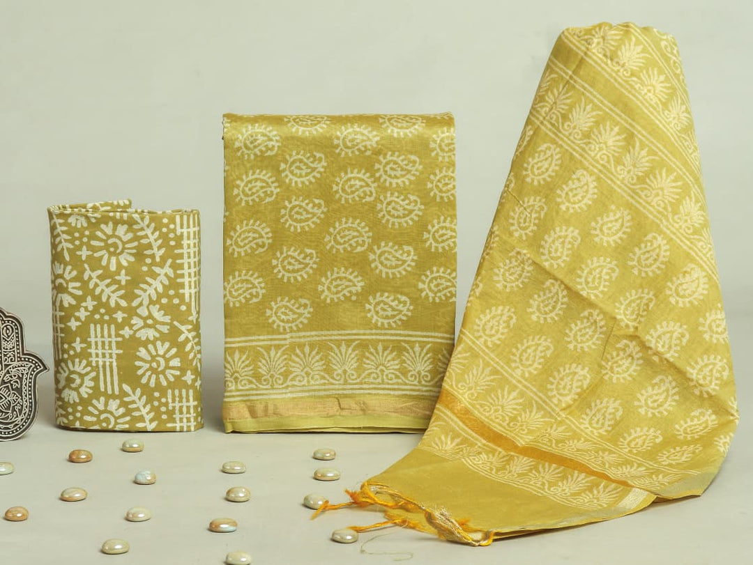 Pure Hand Block Chanderi Silk Unstitchd Suit .