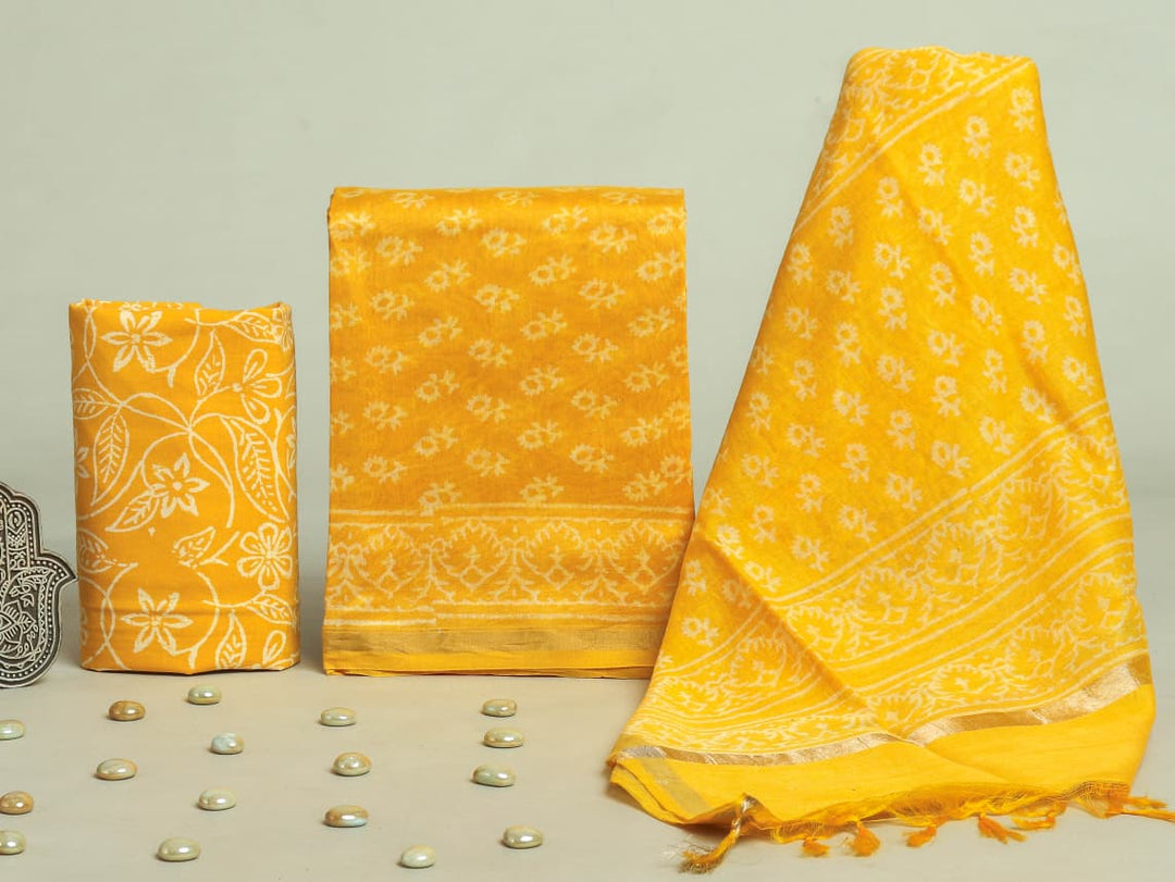 Pure Hand Block Chanderi Silk Unstitchd Suit .