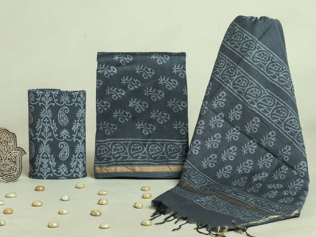 Pure Hand Block Chanderi Silk Unstitchd Suit .