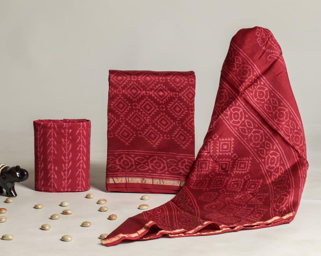 Pure Hand Block Chanderi Silk Unstitchd Suit .