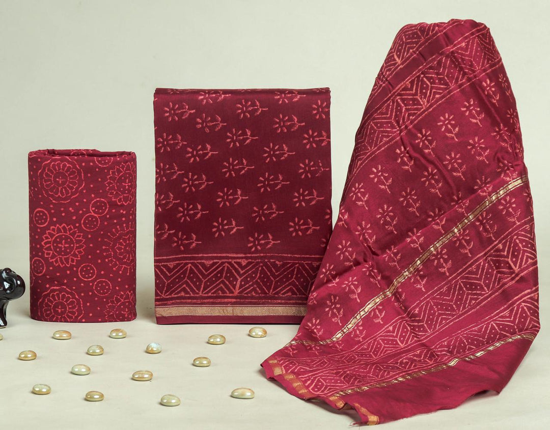 Pure Hand Block Chanderi Silk Unstitchd Suit .