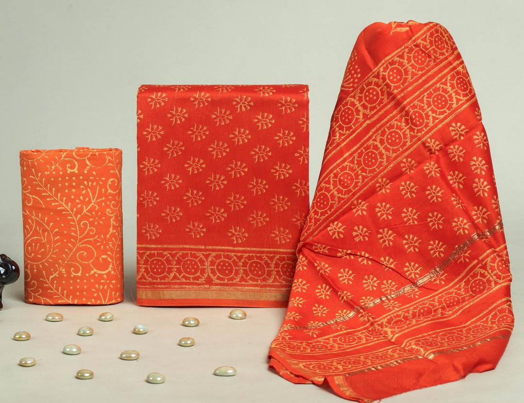 Pure Hand Block Chanderi Silk Unstitchd Suit .