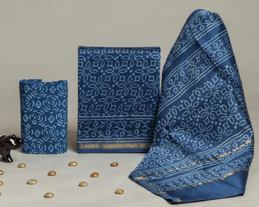 Pure Hand Block Chanderi Silk Unstitchd Suit .