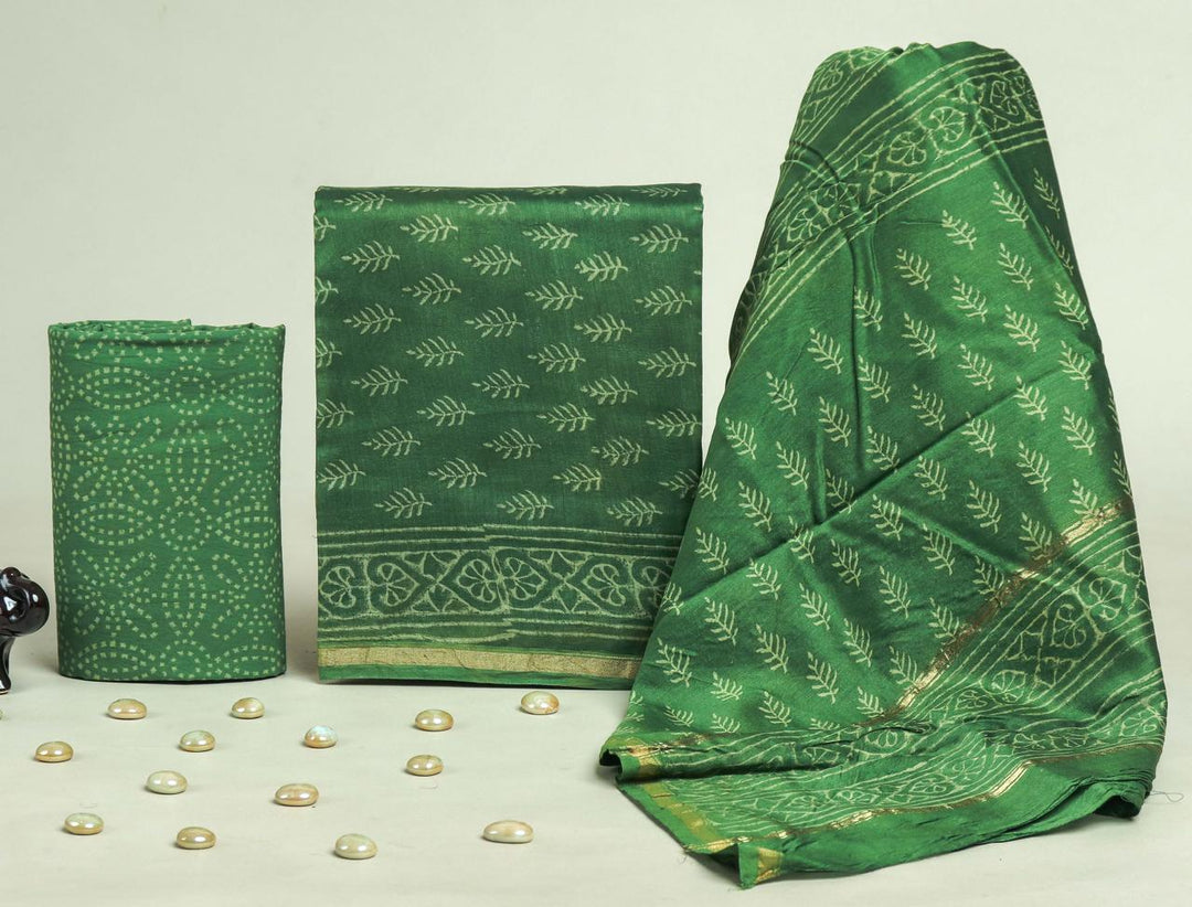 Pure Hand Block Chanderi Silk Unstitchd Suit .