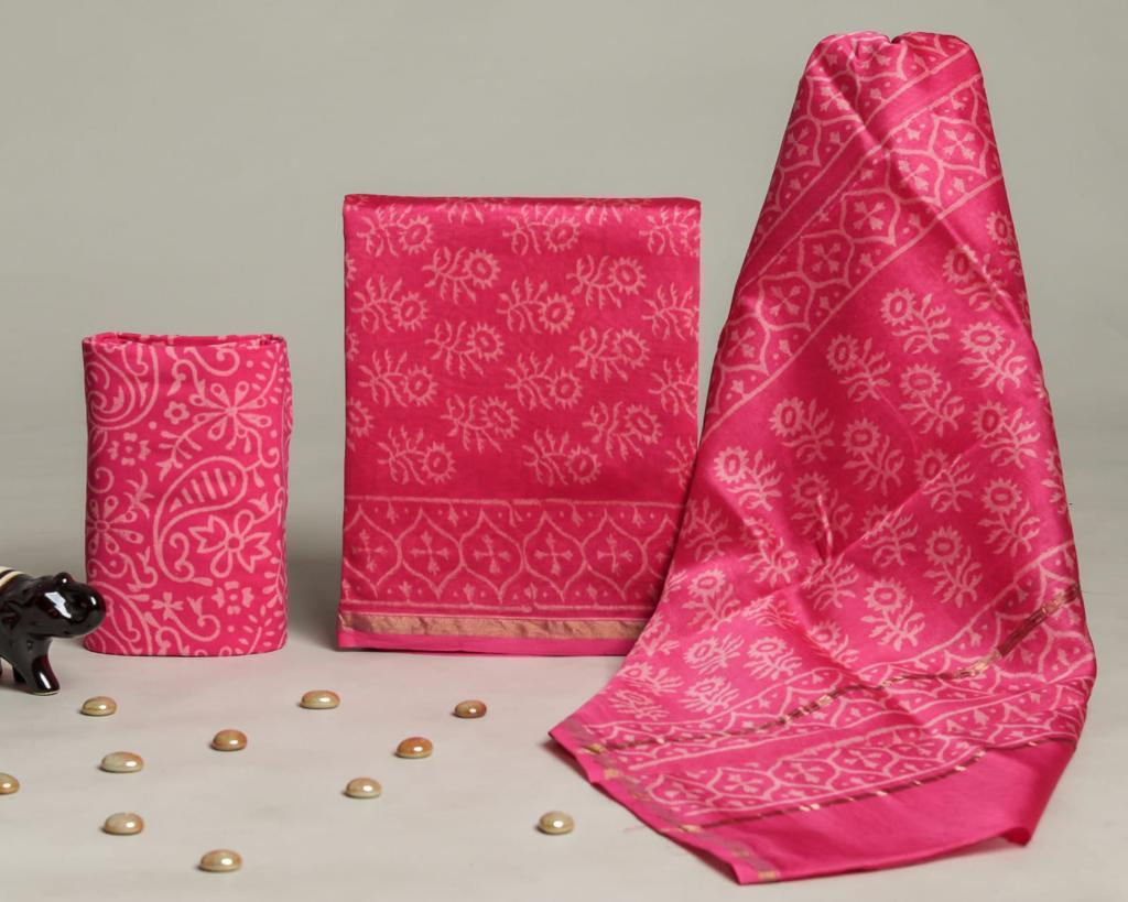 Pure Hand Block Chanderi Silk Unstitchd Suit .