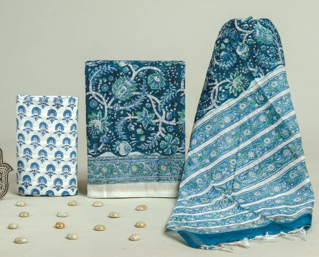 Pure Hand Block Chanderi Silk Unstitchd Suit .