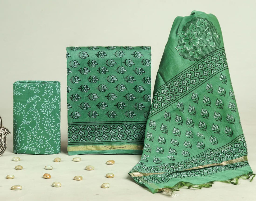 Pure Hand Block Chanderi Silk Unstitchd Suit .