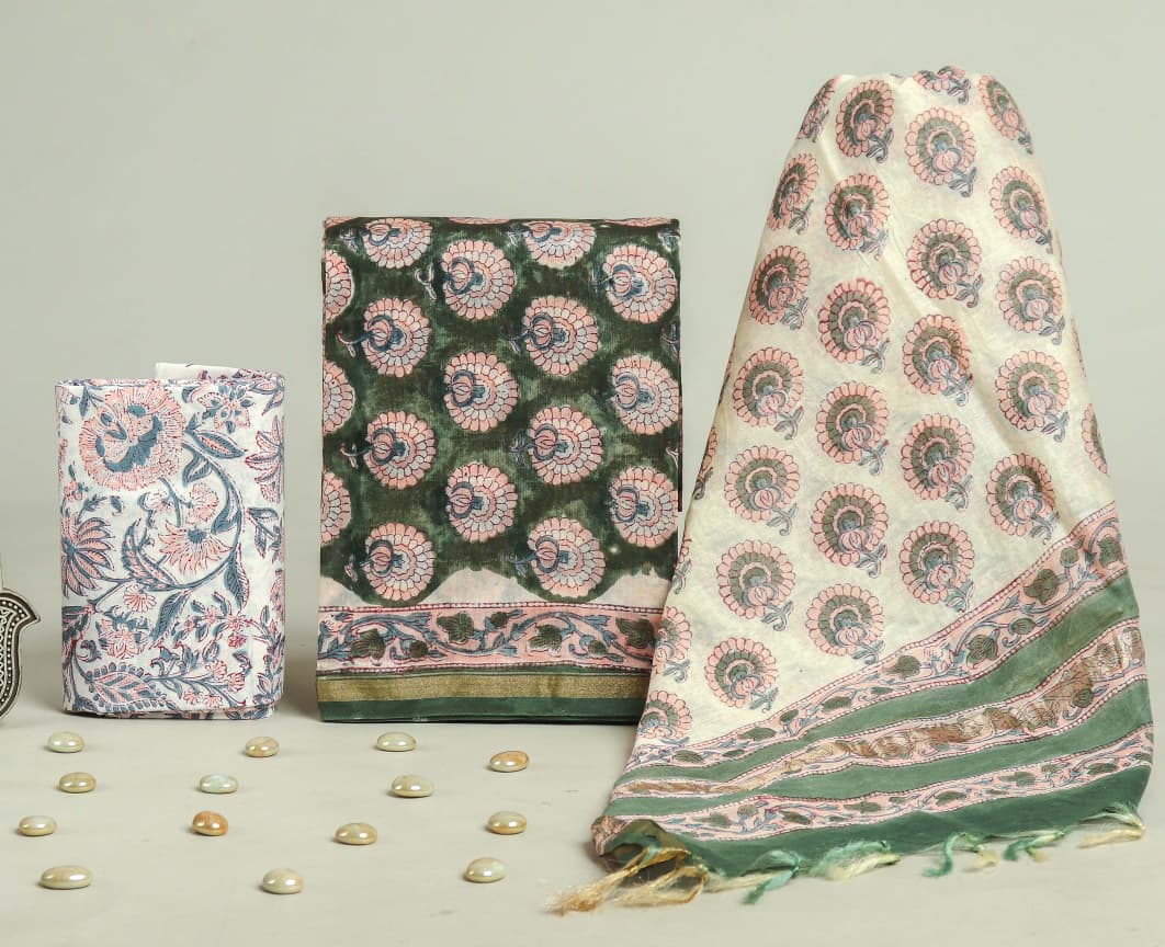 Pure Hand Block Chanderi Silk Unstitchd Suit .