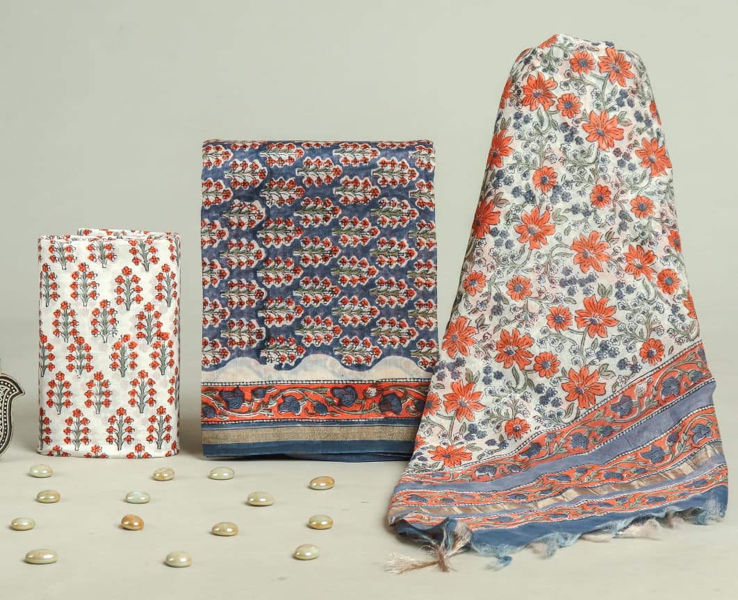 Pure Hand Block Chanderi Silk Unstitchd Suit .