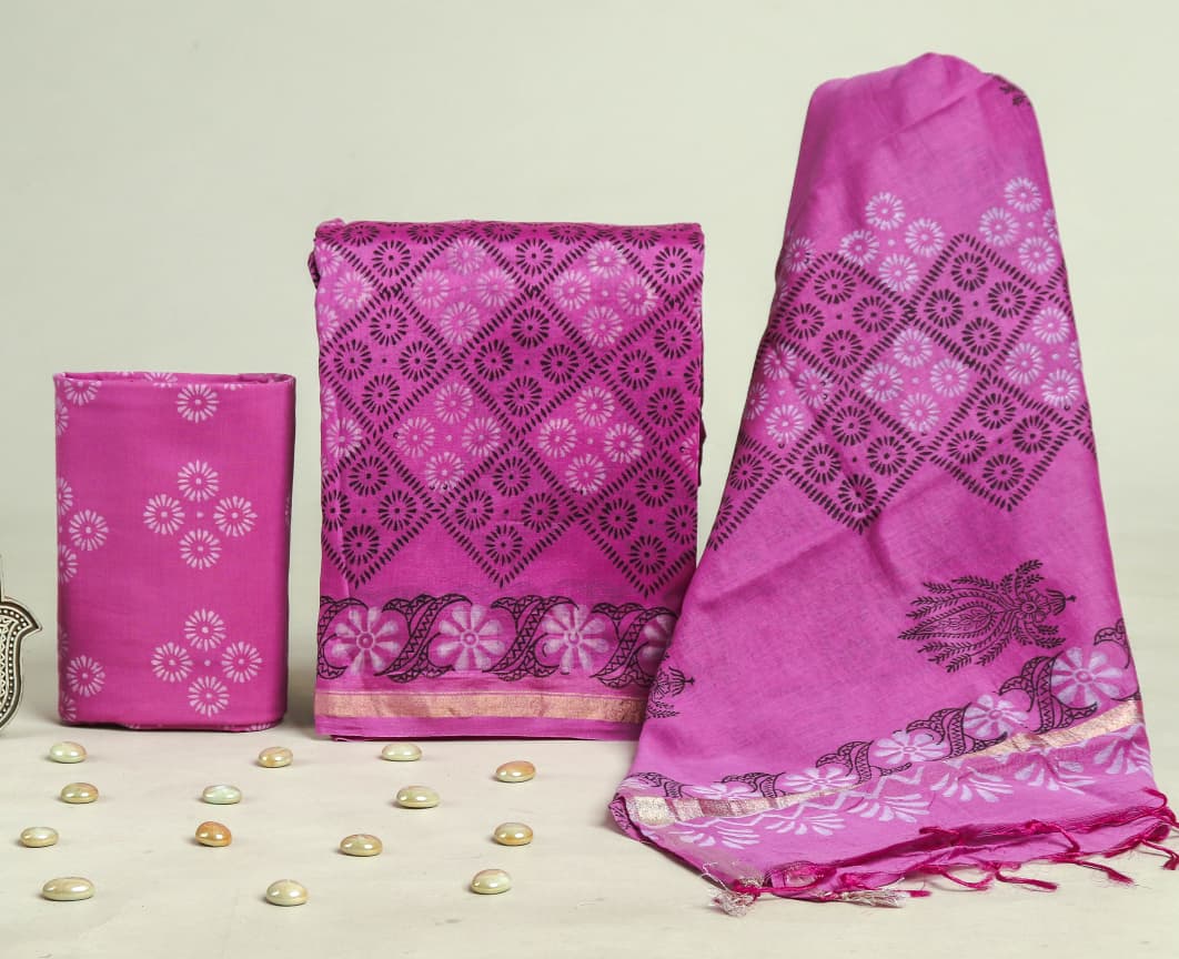 Pure Hand Block Chanderi Silk Unstitchd Suit .