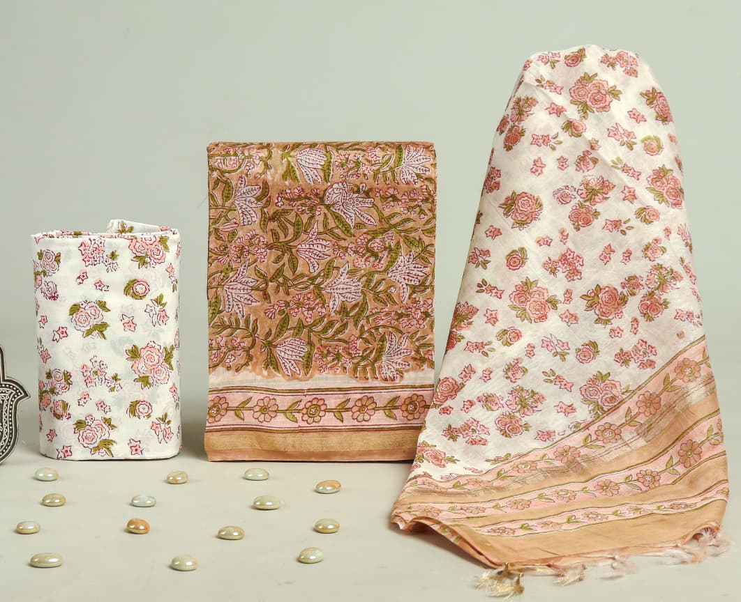 Pure Hand Block Chanderi Silk Unstitchd Suit .