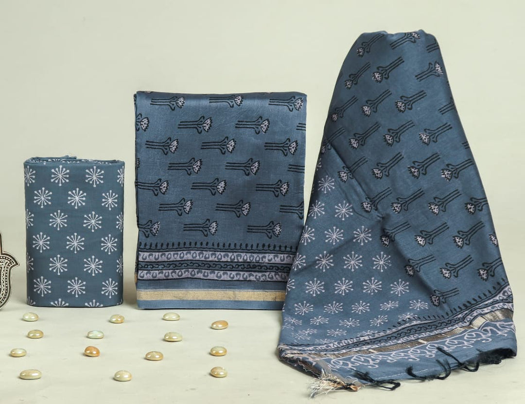 Pure Hand Block Chanderi Silk Unstitchd Suit .