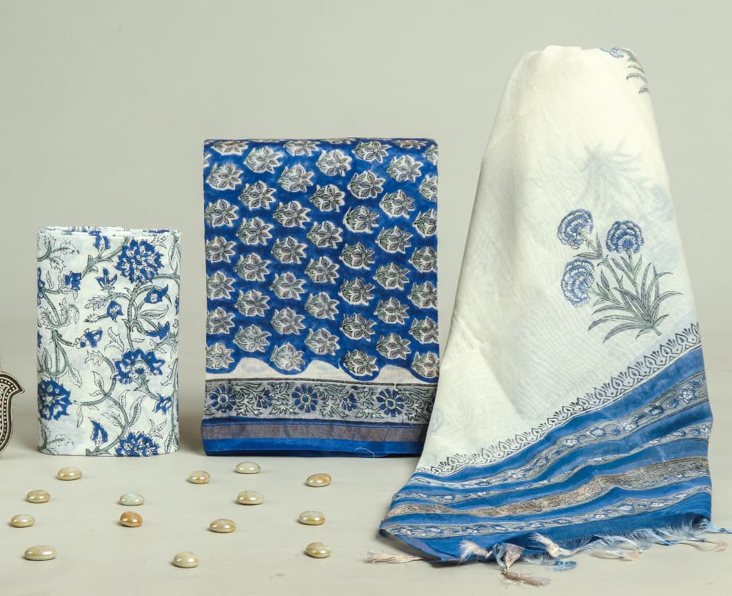 Pure Hand Block Chanderi Silk Unstitchd Suit .