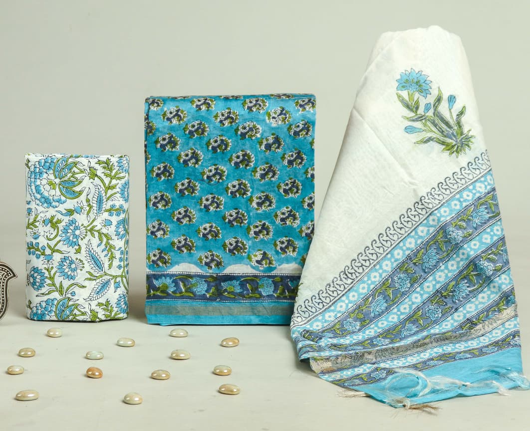 Pure Hand Block Chanderi Silk Unstitchd Suit .
