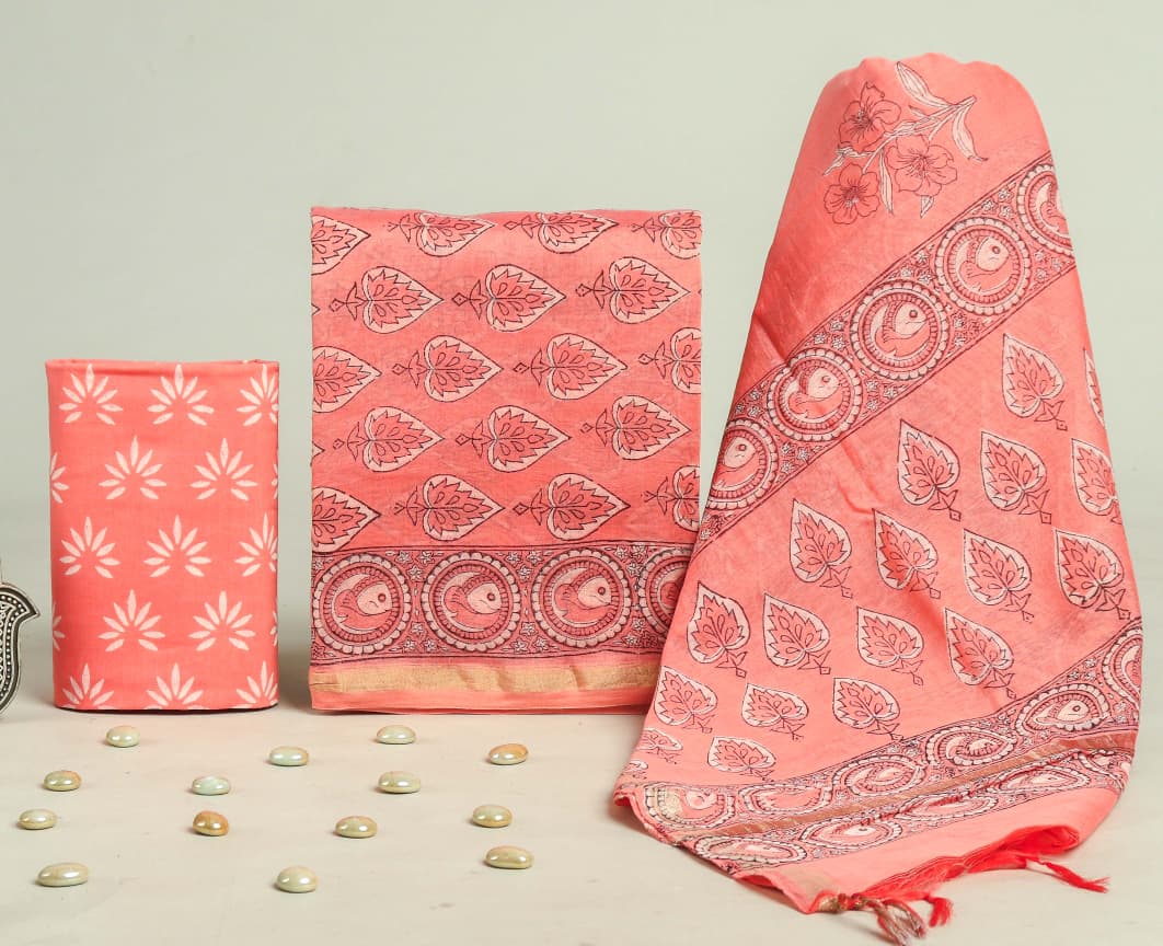 Pure Hand Block Chanderi Silk Unstitchd Suit .