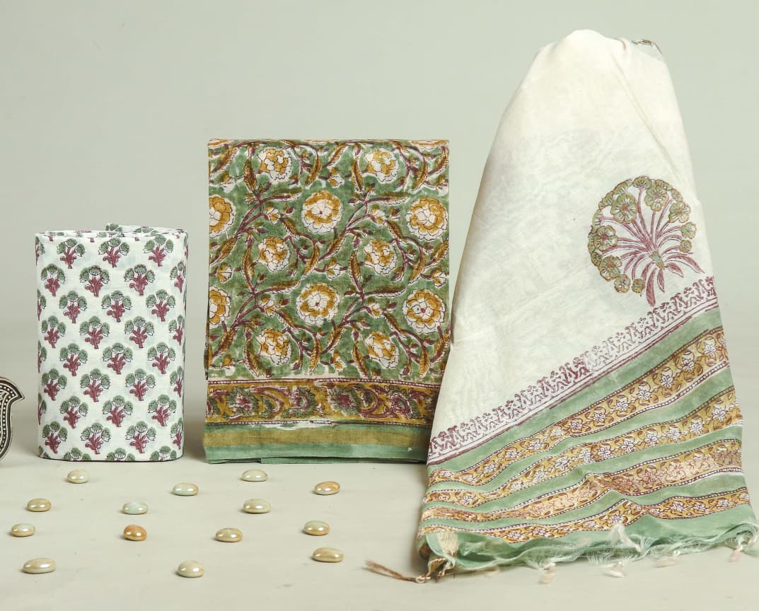 Pure Hand Block Chanderi Silk Unstitchd Suit .