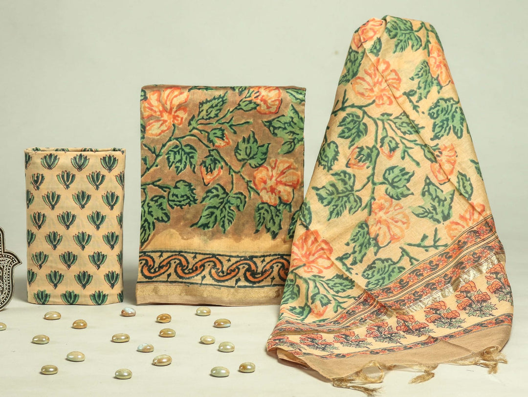 Pure Hand Block Chanderi Silk Unstitchd Suit .