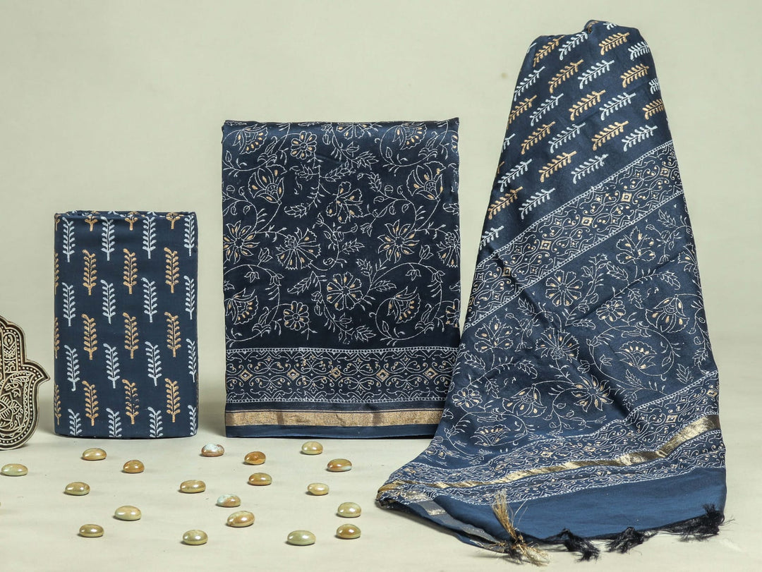Pure Hand Block Chanderi Silk Unstitchd Suit .