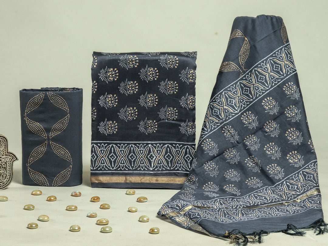 Pure Hand Block Chanderi Silk Unstitchd Suit .