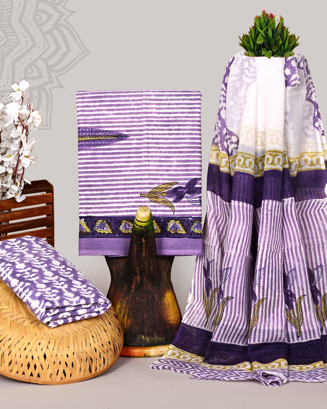 Pure Cotton Hand Block Print Unstitched Suit With Cotton Dupatta .