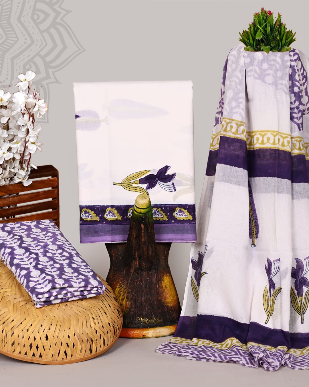 Pure Cotton Hand Block Print Unstitched Suit With Cotton Dupatta .