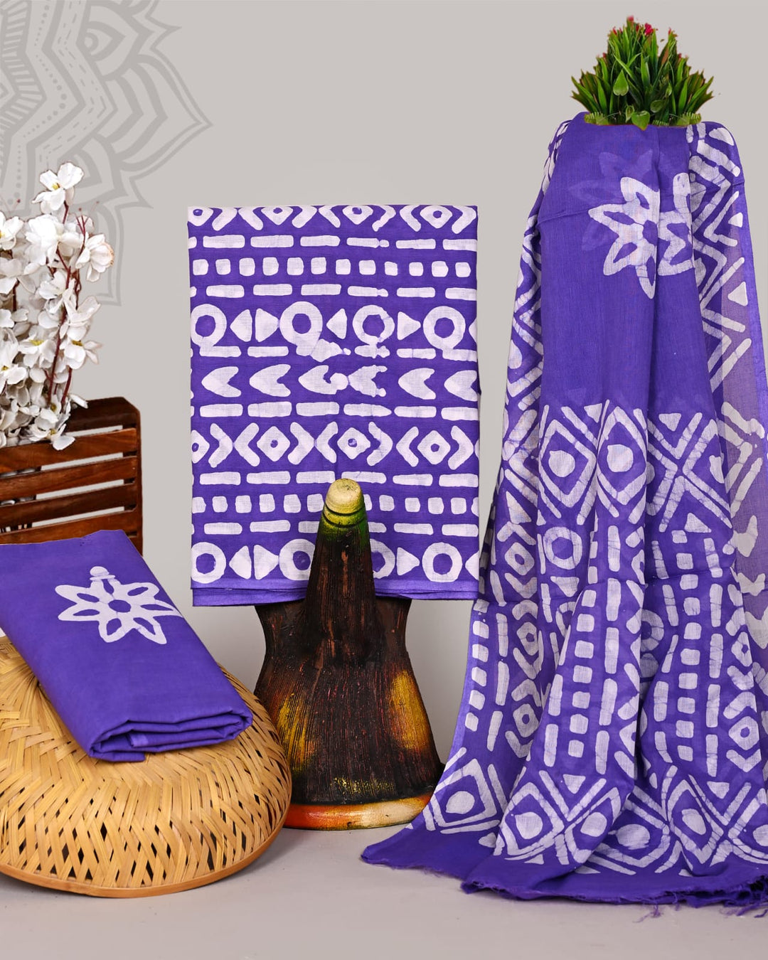 Pure Cotton Hand Block Print Unstitched Suit With Cotton Dupatta .
