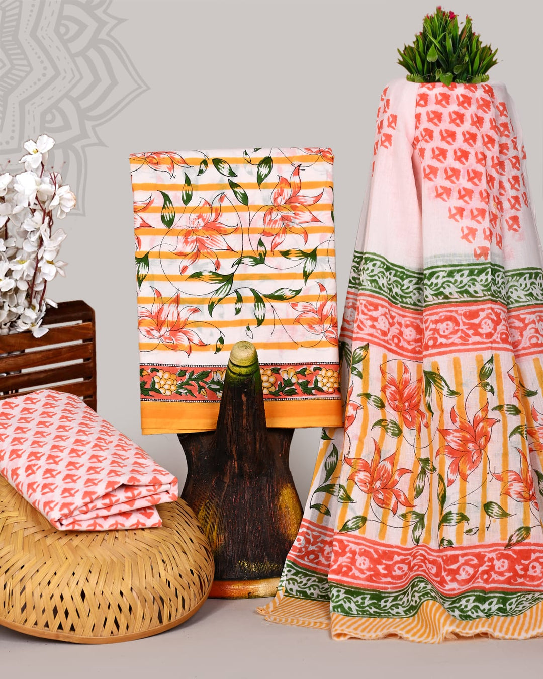 Pure Cotton Hand Block Print Unstitched Suit With Cotton Dupatta .