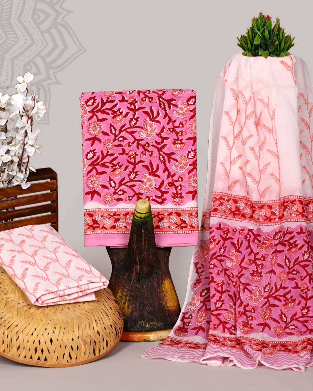 Pure Cotton Hand Block Print Unstitched Suit With Cotton Dupatta .