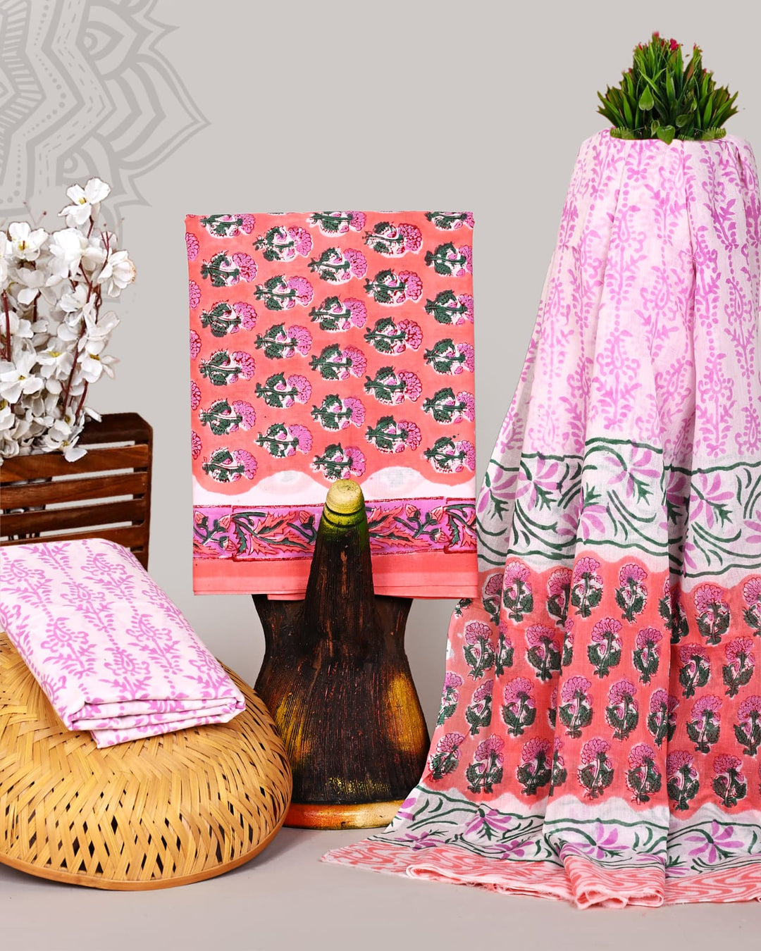 Pure Cotton Hand Block Print Unstitched Suit With Cotton Dupatta .