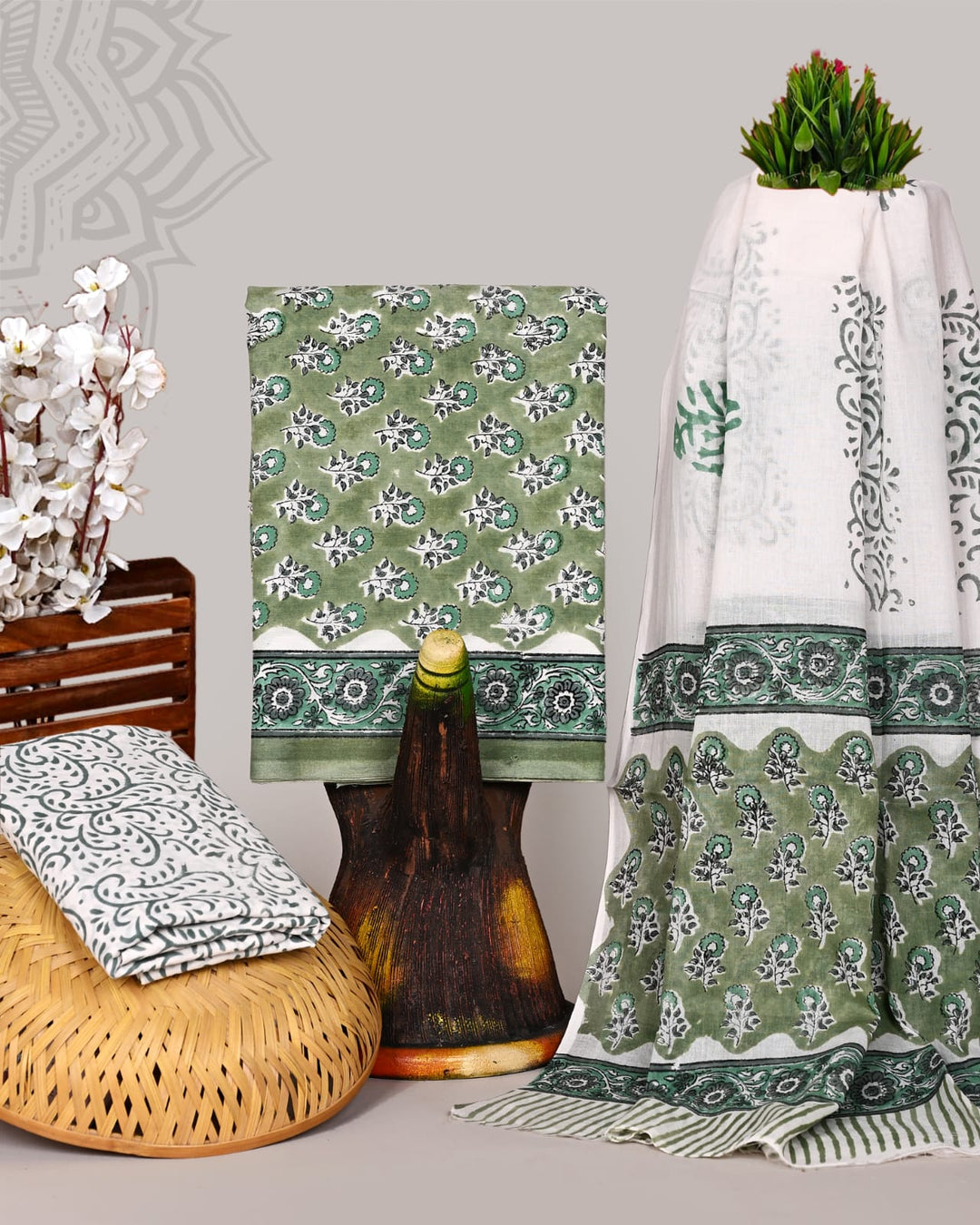 Pure Cotton Hand Block Print Unstitched Suit With Cotton Dupatta .