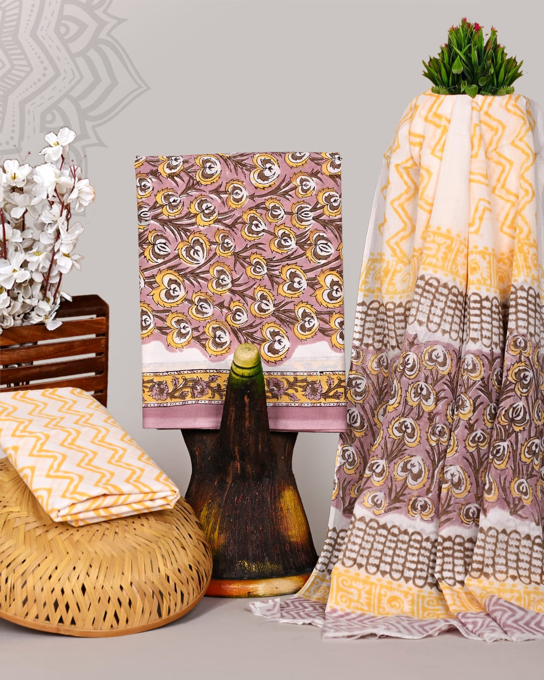 Pure Cotton Hand Block Print Unstitched Suit With Cotton Dupatta .