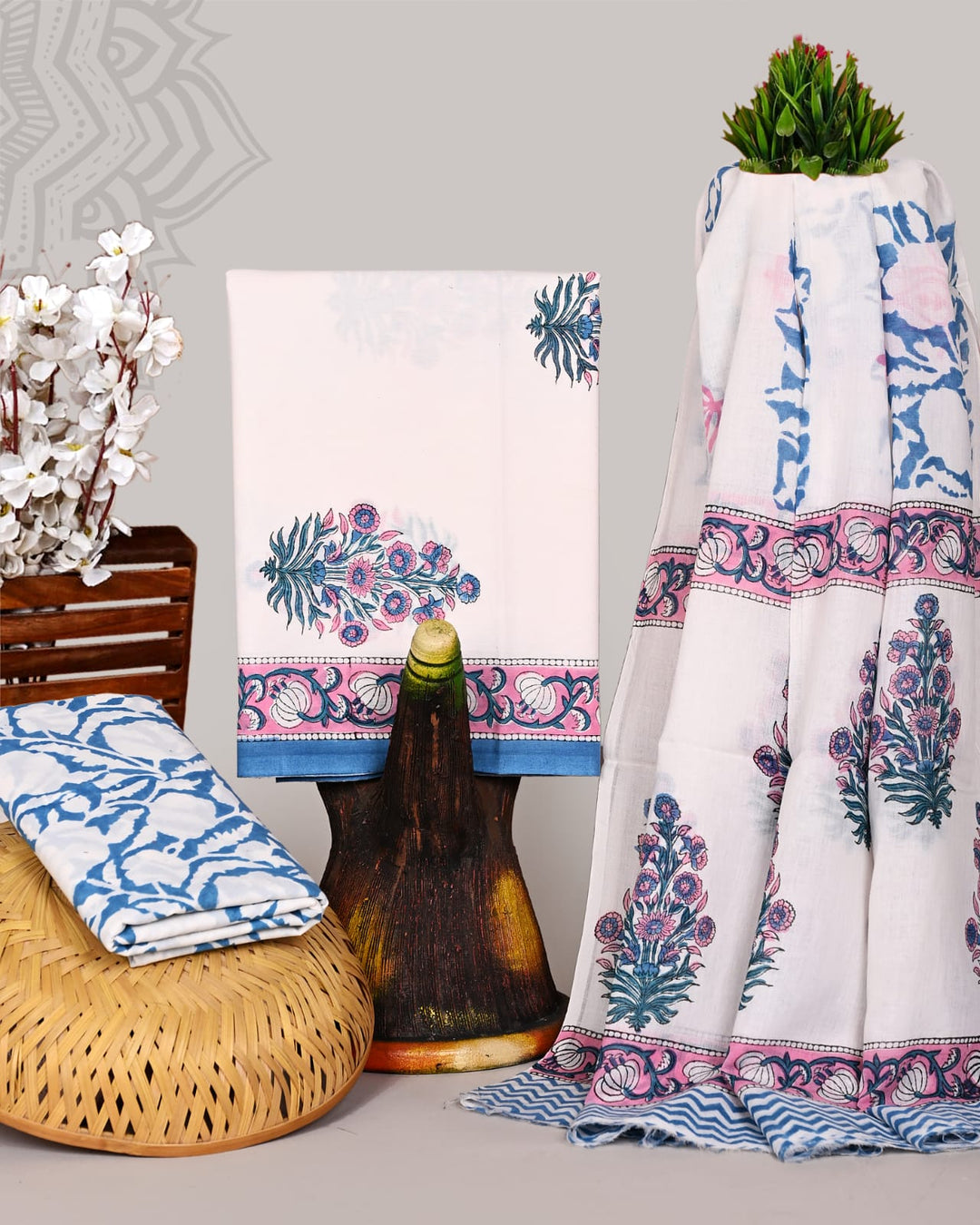 Pure Cotton Hand Block Print Unstitched Suit With Cotton Dupatta .
