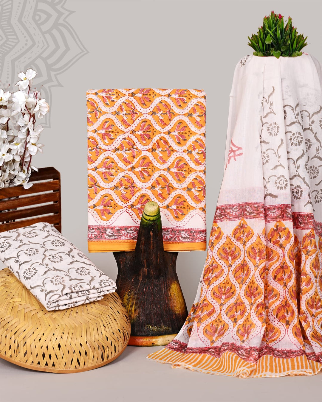 Pure Cotton Hand Block Print Unstitched Suit With Cotton Dupatta .