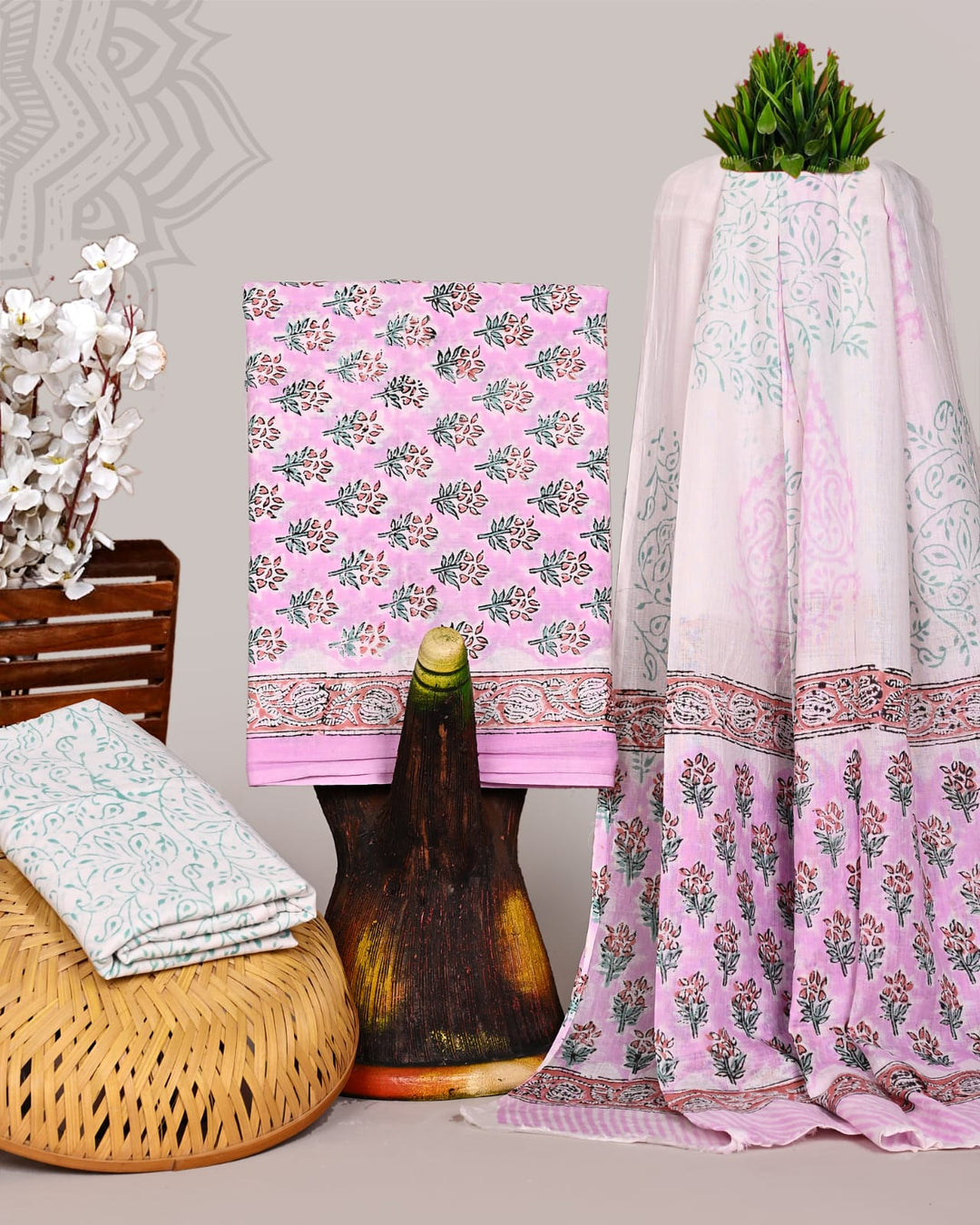 Pure Cotton Hand Block Print Unstitched Suit With Cotton Dupatta .