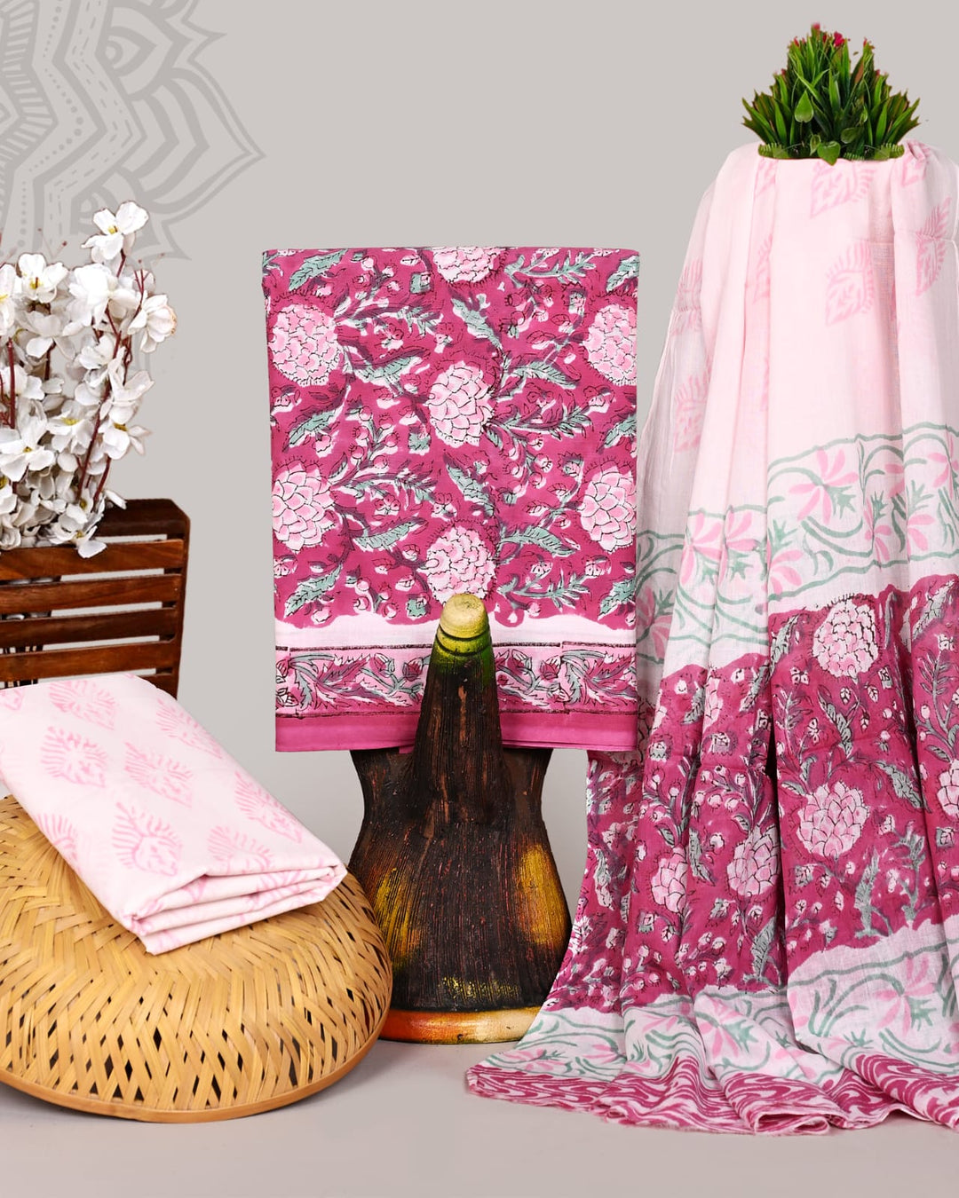 Pure Cotton Hand Block Print Unstitched Suit With Cotton Dupatta .