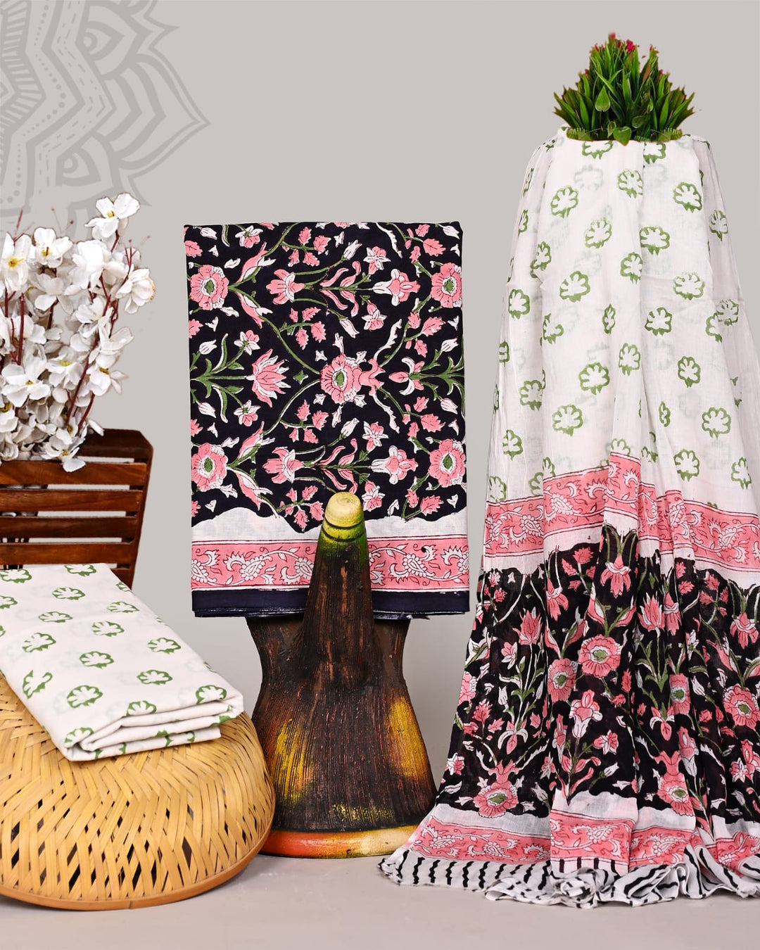 Pure Cotton Hand Block Print Unstitched Suit With Cotton Dupatta .