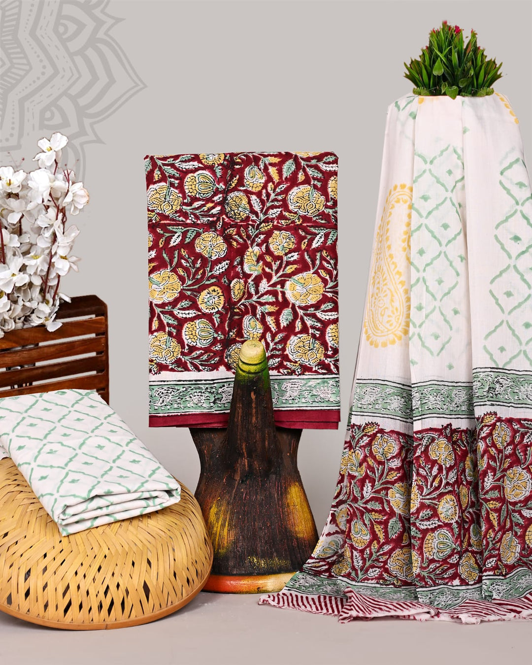 Pure Cotton Hand Block Print Unstitched Suit With Cotton Dupatta.