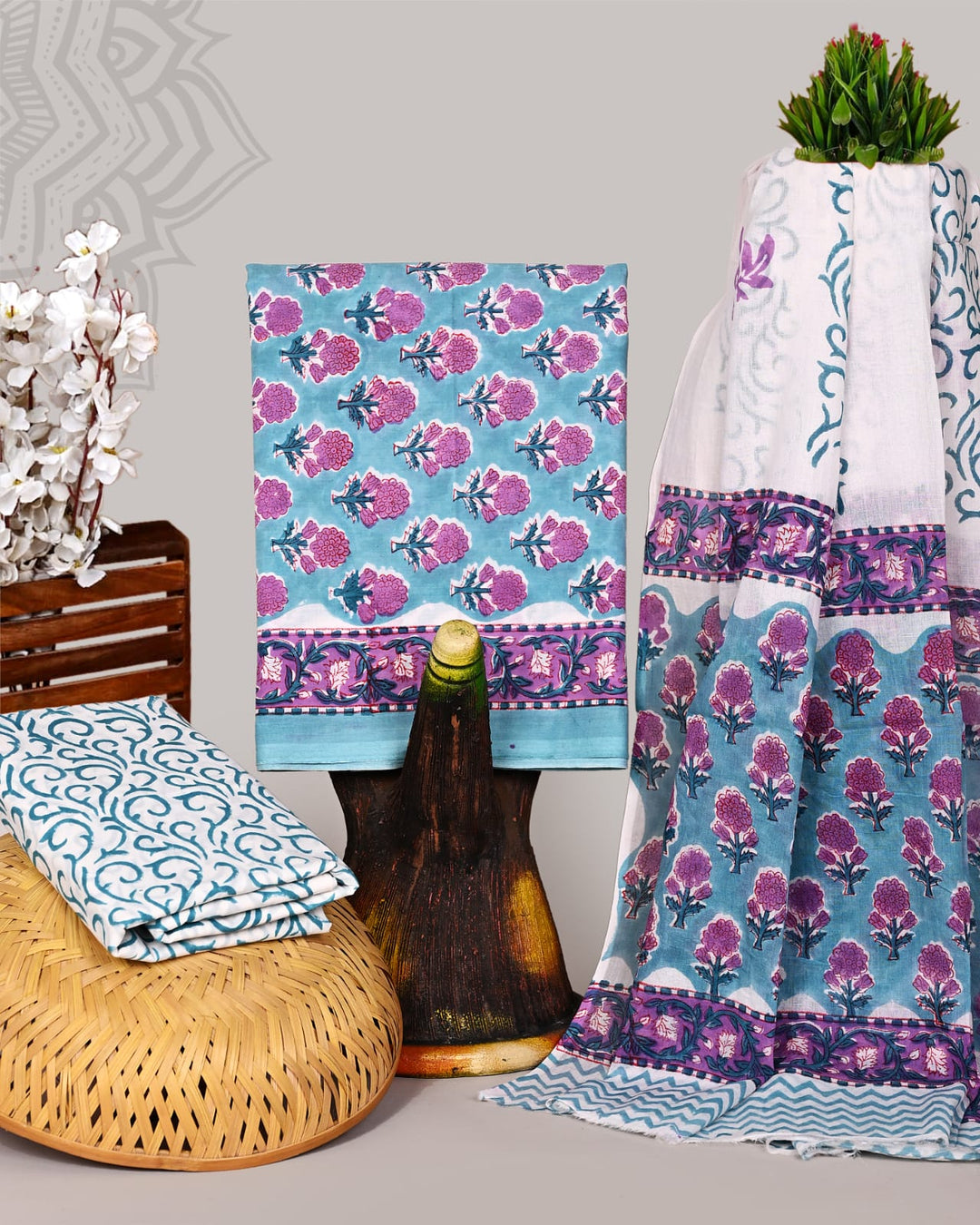 Pure Cotton Hand Block Print Unstitched Suit With Cotton Dupatta.