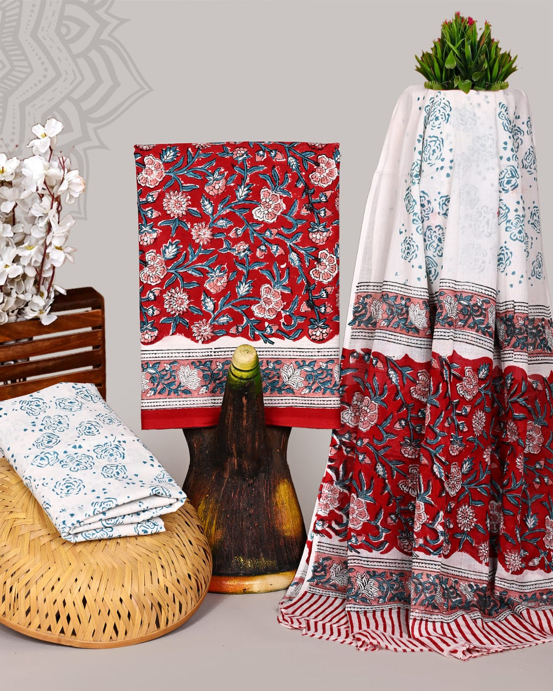 Pure Cotton Hand Block Print Unstitched Suit With Cotton Dupatta.