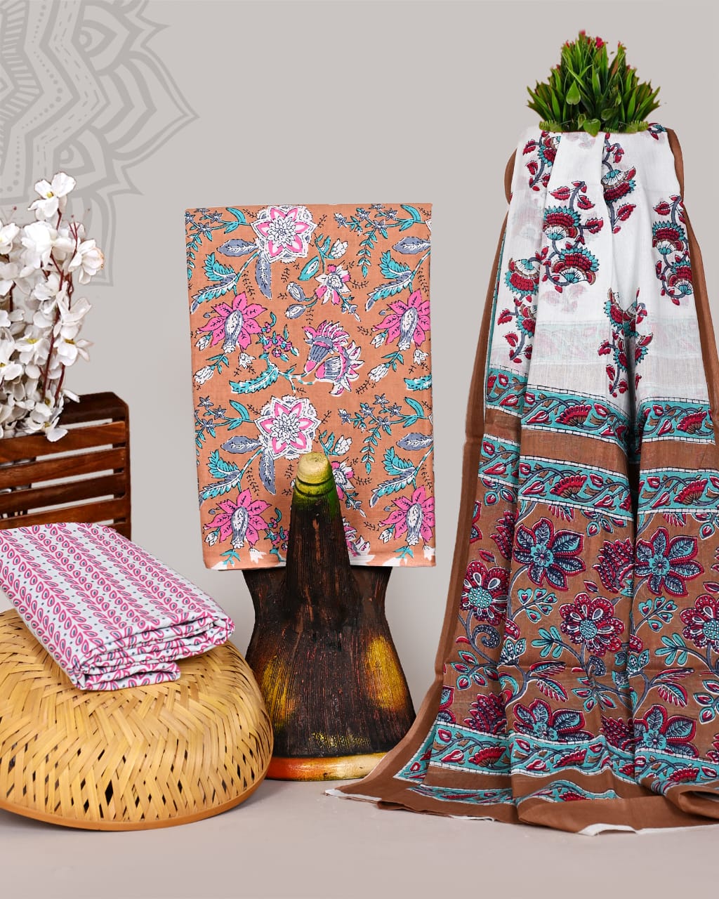 Pure Cotton Hand Block Print Unstitched Suit With Cotton Dupatta.