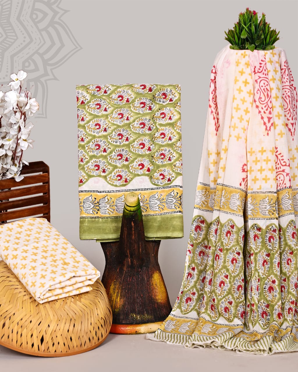 Pure Cotton Hand Block Print Unstitched Suit With Cotton Dupatta.