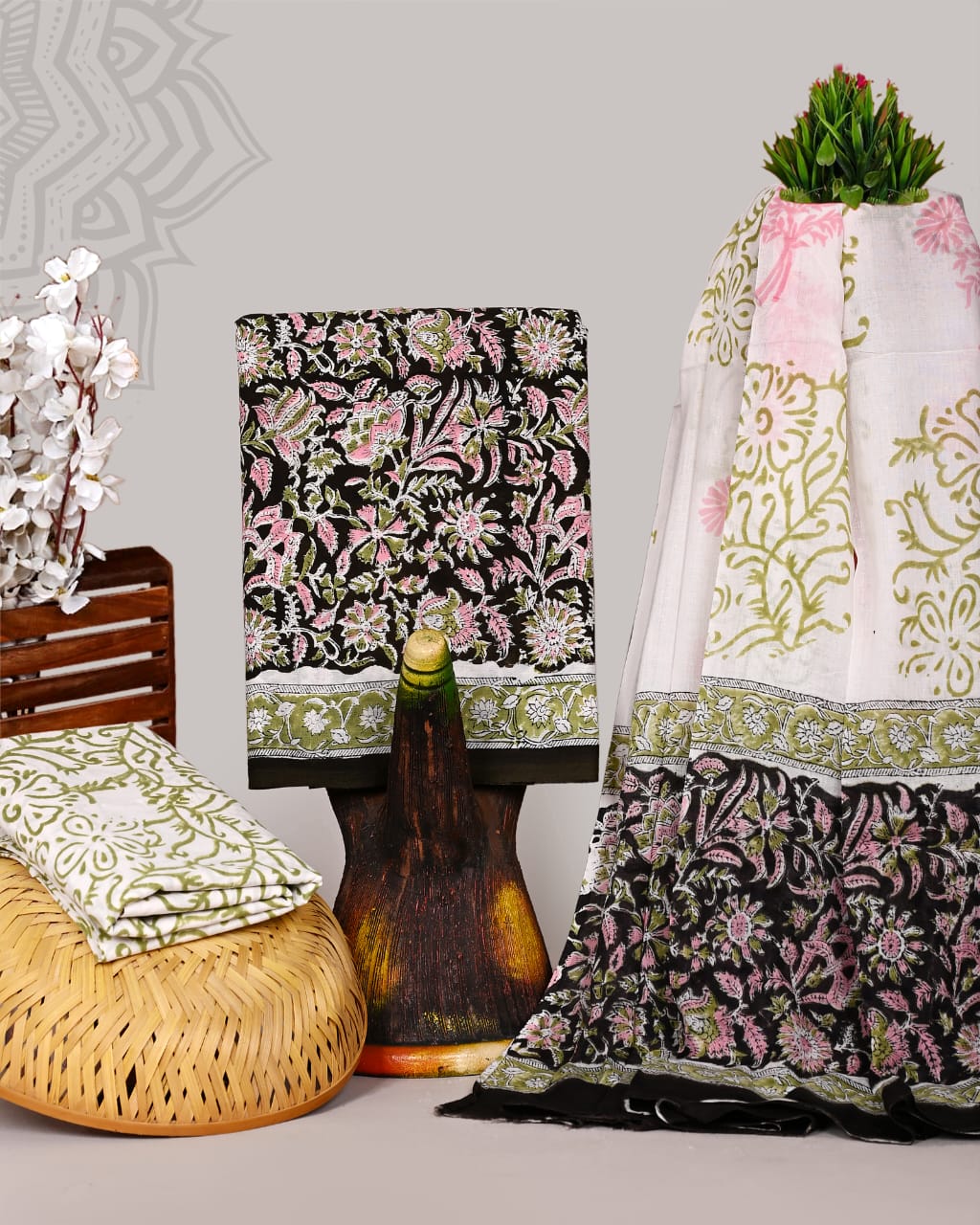Pure Cotton Hand Block Print Unstitched Suit With Cotton Dupatta.
