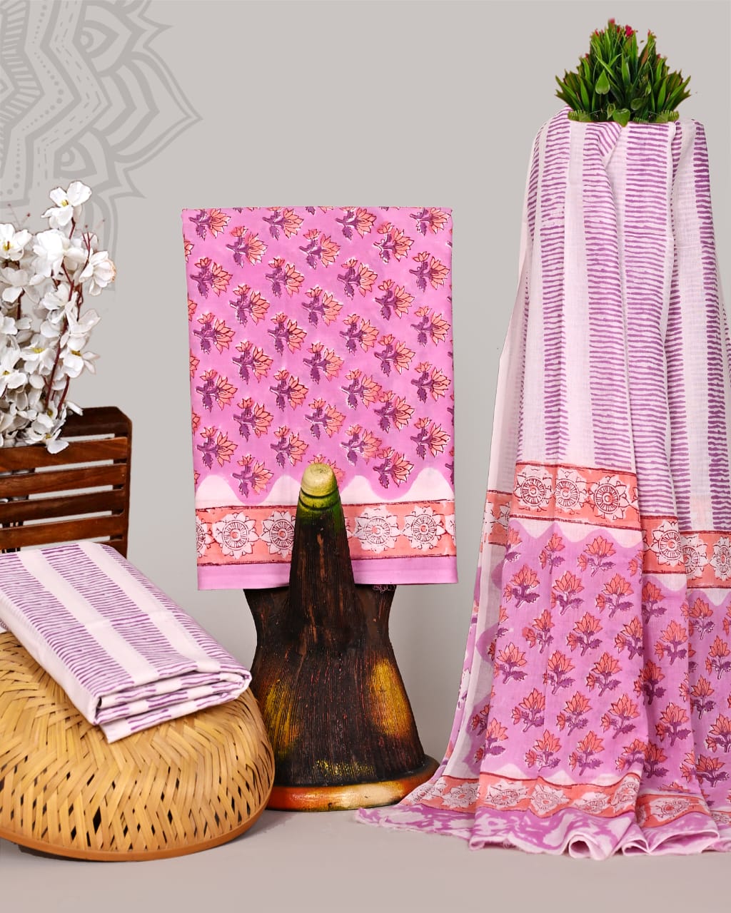 Pure Cotton Hand Block Print Unstitched Suit With Cotton Dupatta.