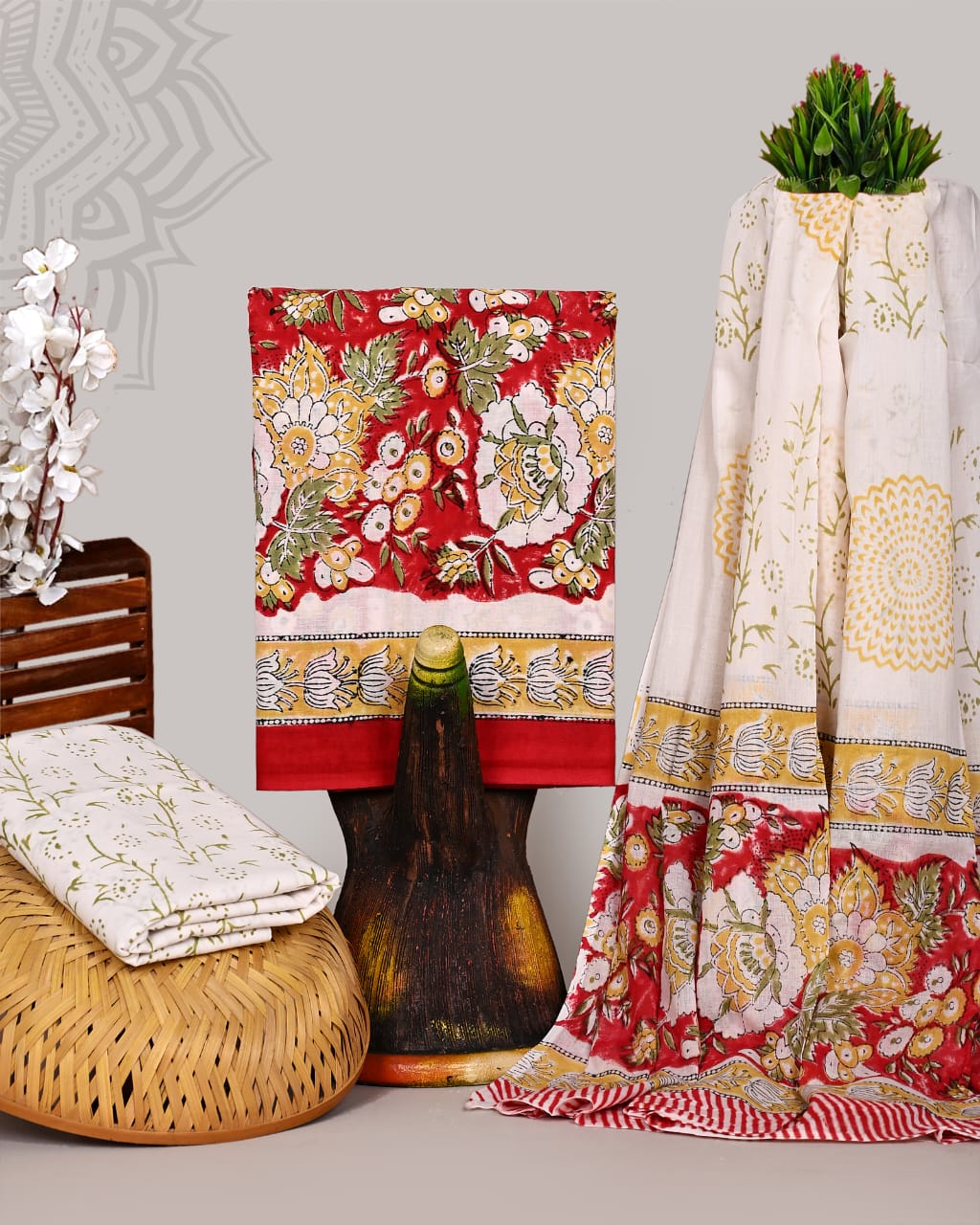 Pure Cotton Hand Block Print Unstitched Suit With Cotton Dupatta.