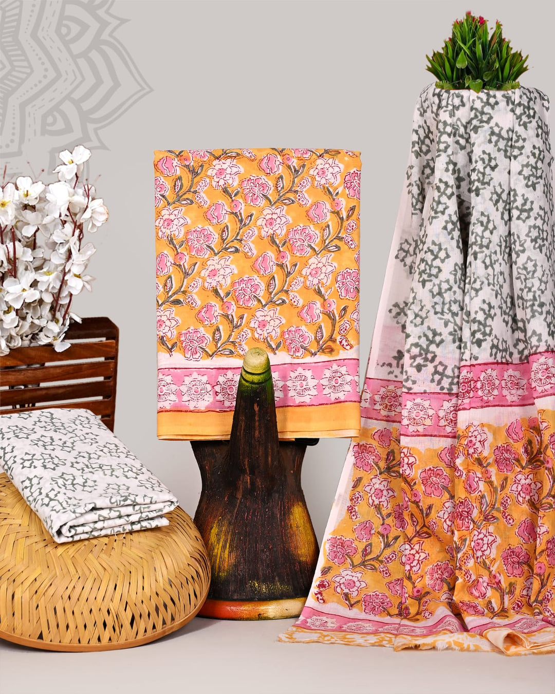 Pure Cotton Hand Block Print Unstitched Suit With Cotton Dupatta.