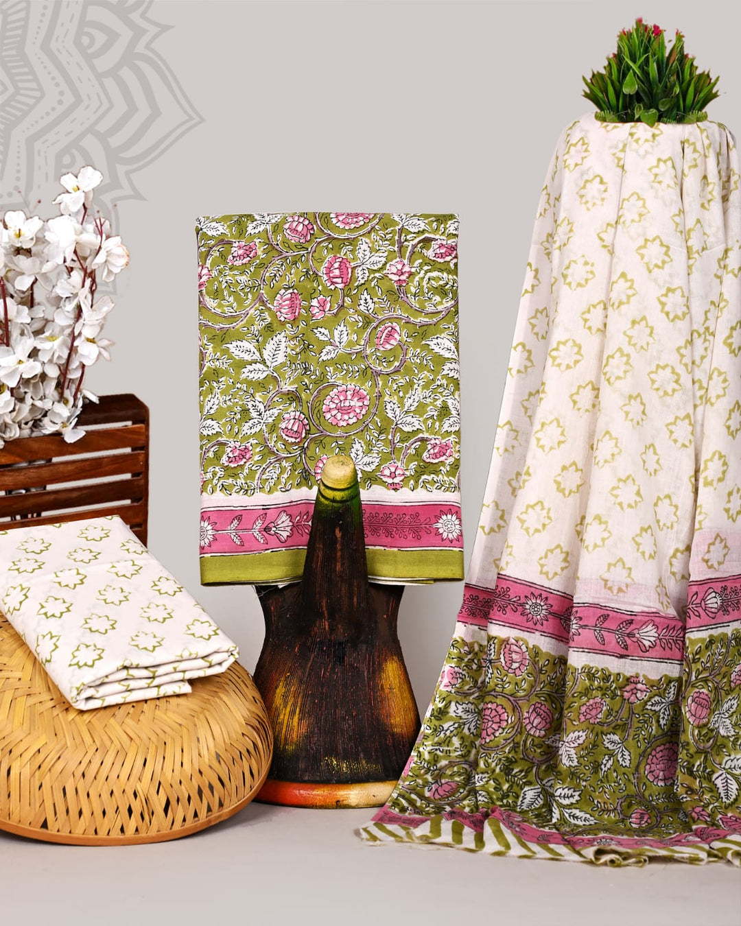 Pure Cotton Hand Block Print Unstitched Suit With Cotton Dupatta.