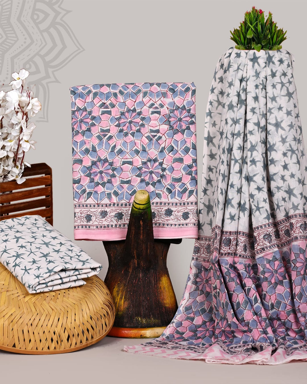 Pure Cotton Hand Block Print Unstitched Suit With Cotton Dupatta.