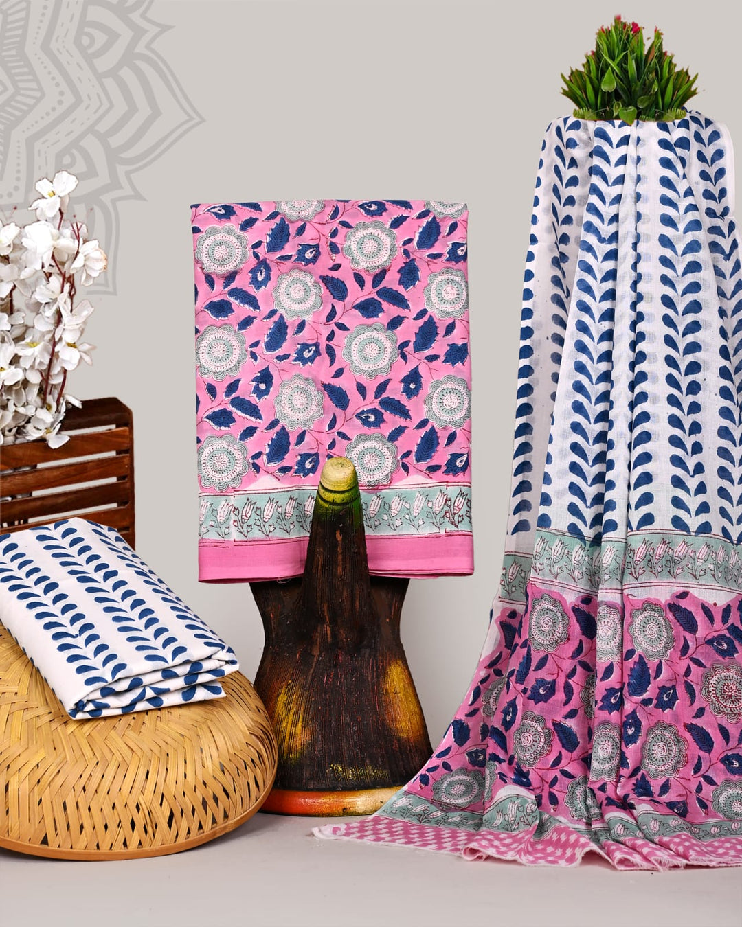 Pure Cotton Hand Block Print Unstitched Suit With Cotton Dupatta.